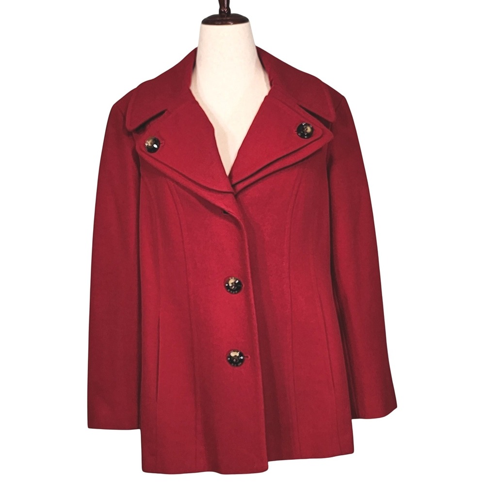 London Fog Pea Coat Women XL Red Wool Blend Button Front‎ Classic Outerwear